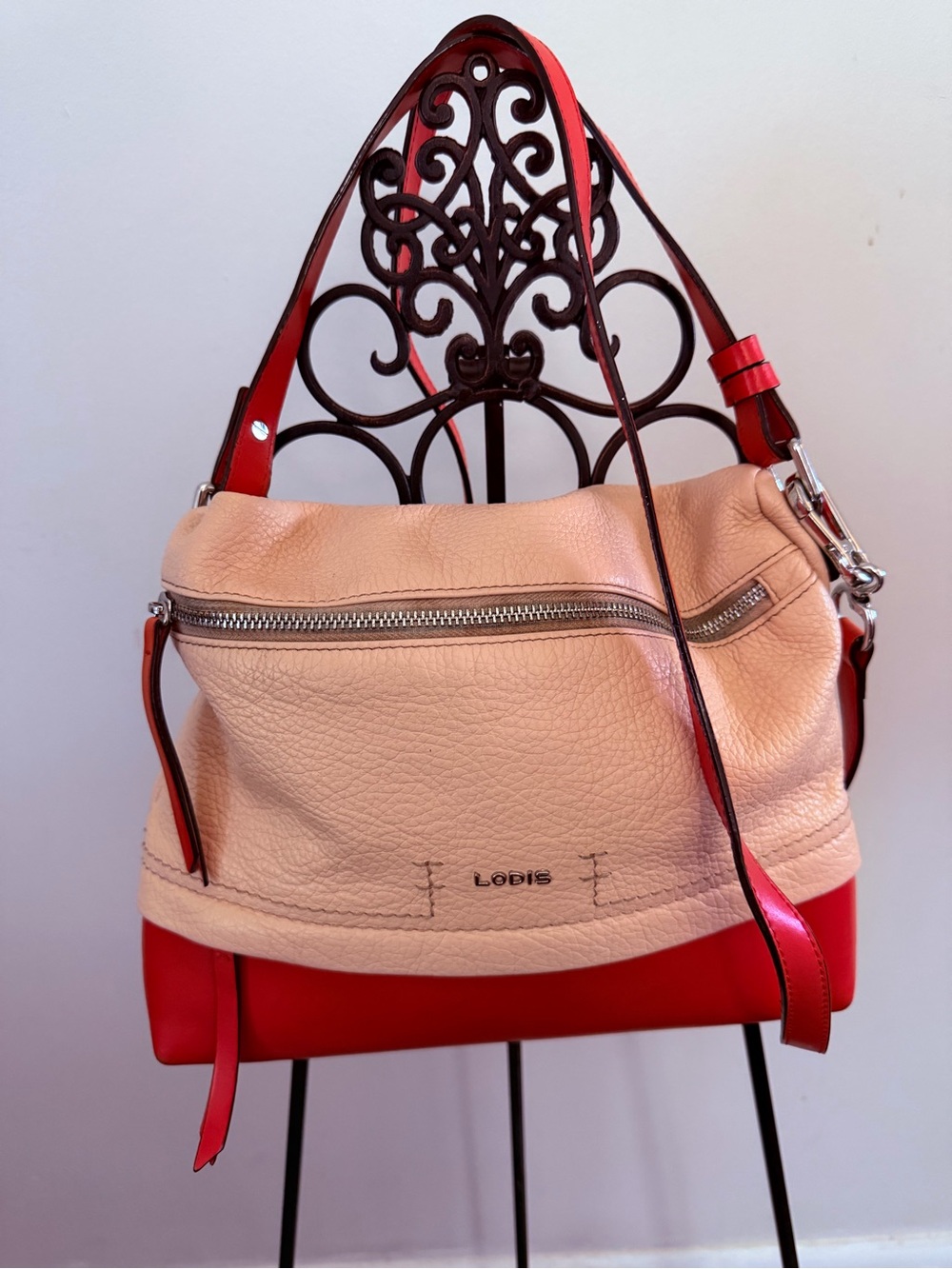 Lodis Peach and Red Leather Shoulder Bag
